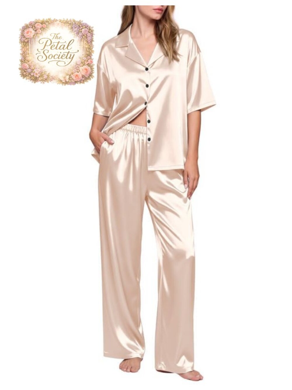 Silk Satin Pajama Set Short Sleeve Button Down Sleepwear with Pockets